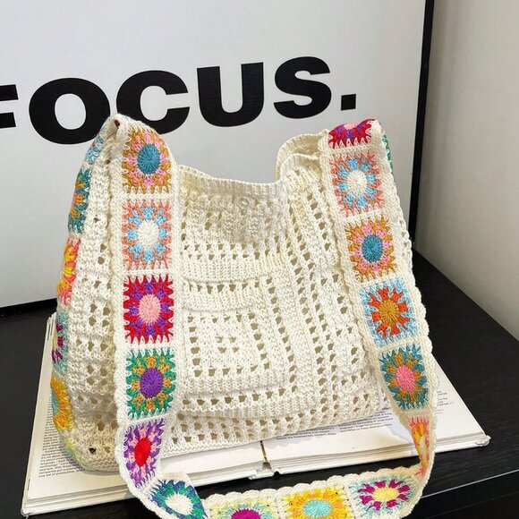 Beige Vacation Women's Contrast Color Floral Hollow Out Knitted Shoulder Bag - Picture 1 of 6